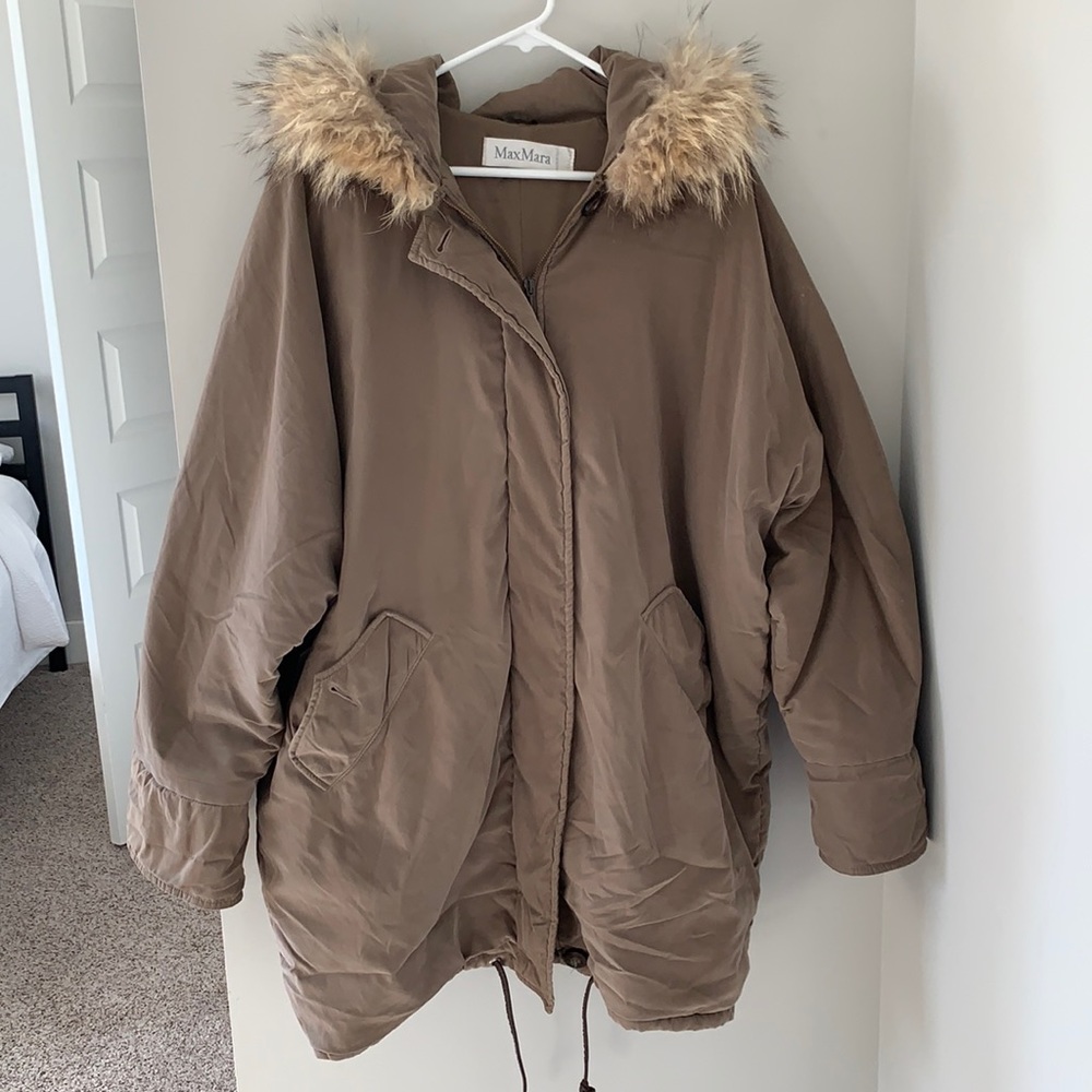 MaxMara Women's Military Puffer Long Coat with Fur Hood Sz 8